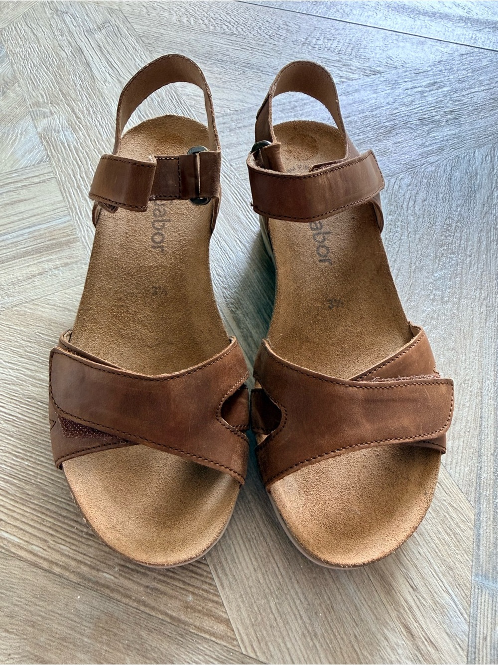 Gabor Brown Leather Stappy Sandal Cork Footbed Size 6 Minimalist Comfort Neutral